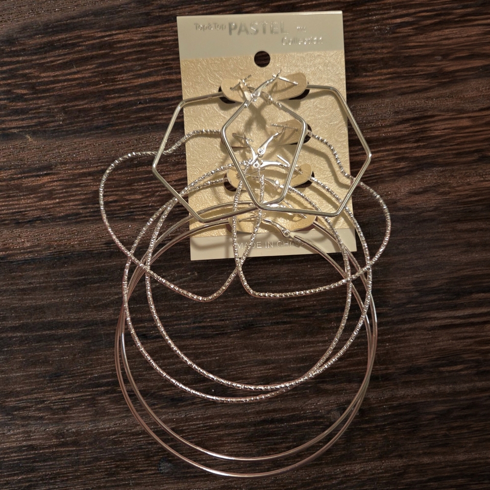 Mixed Metal Hoop & Geometric Earrings Set - Silver Tone